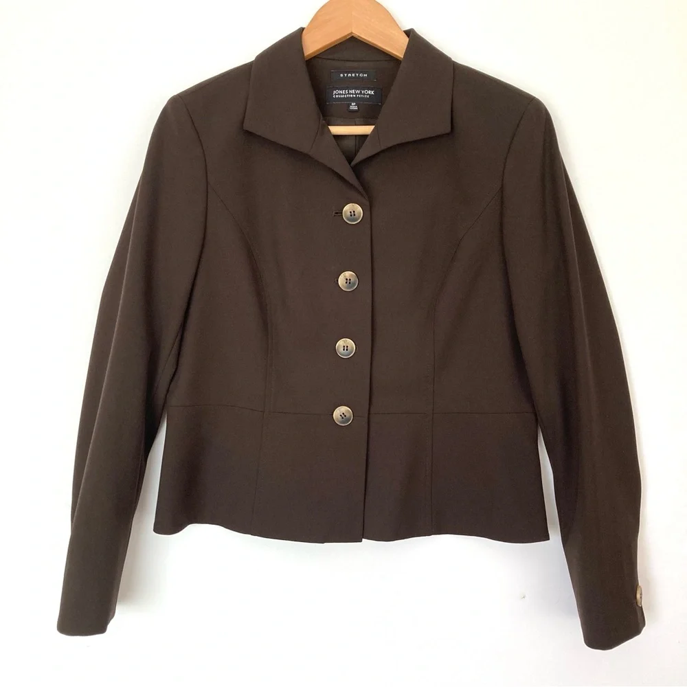 JONES NEW YORK Stretch Blazer Jacket Lined 4-Button Brown 8P - Picture 1 of 5